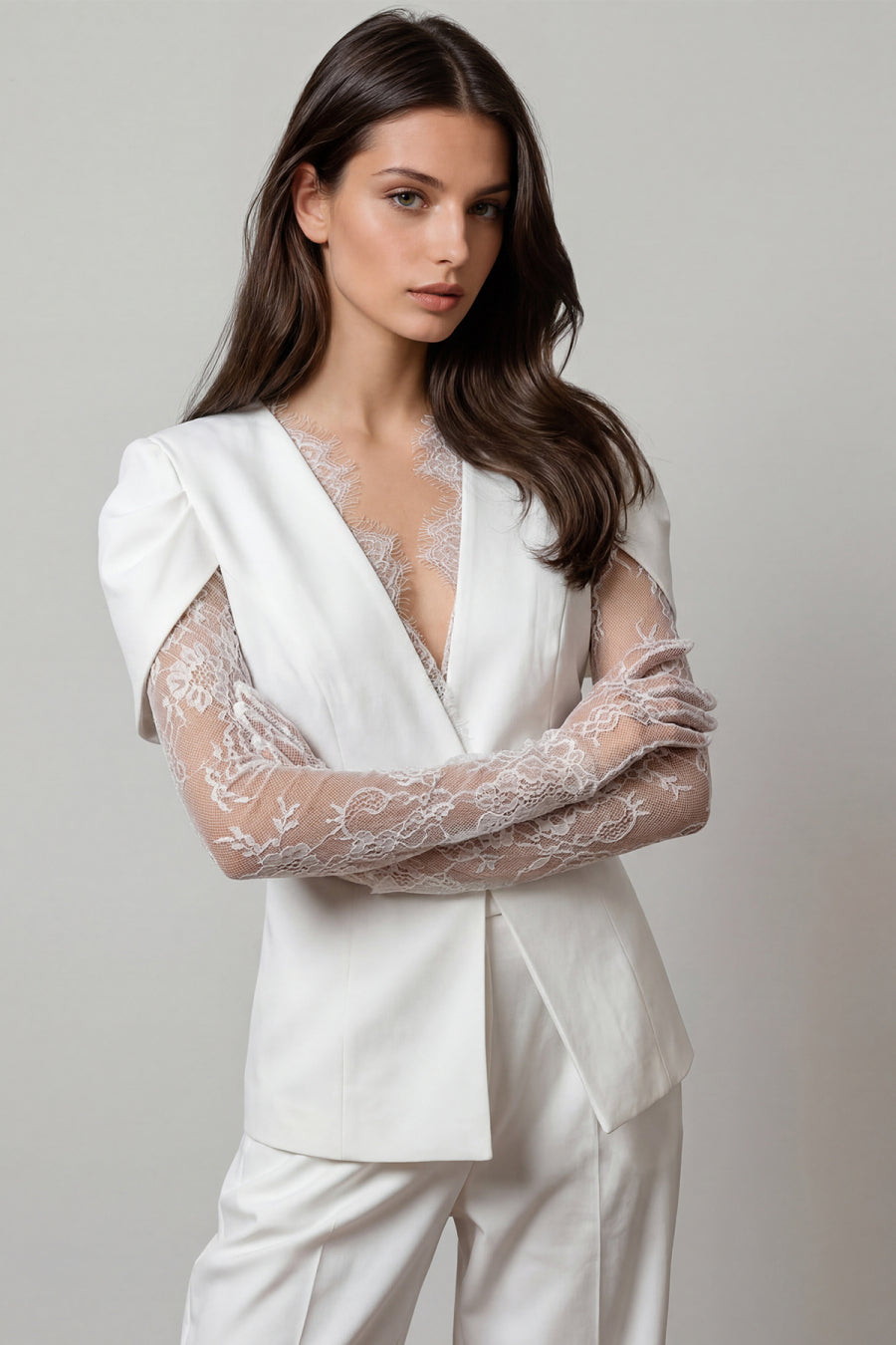 Felim Plunge Lace Blazer In White