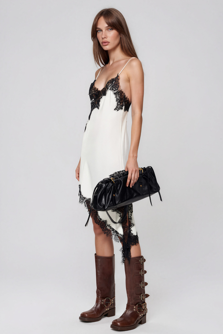 Aeva Lace Trim Asymmetric Mini Dress