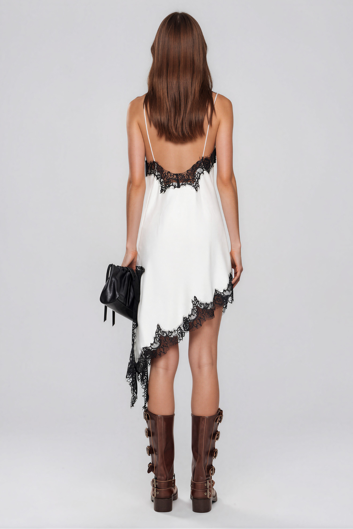 Aeva Lace Trim Asymmetric Mini Dress