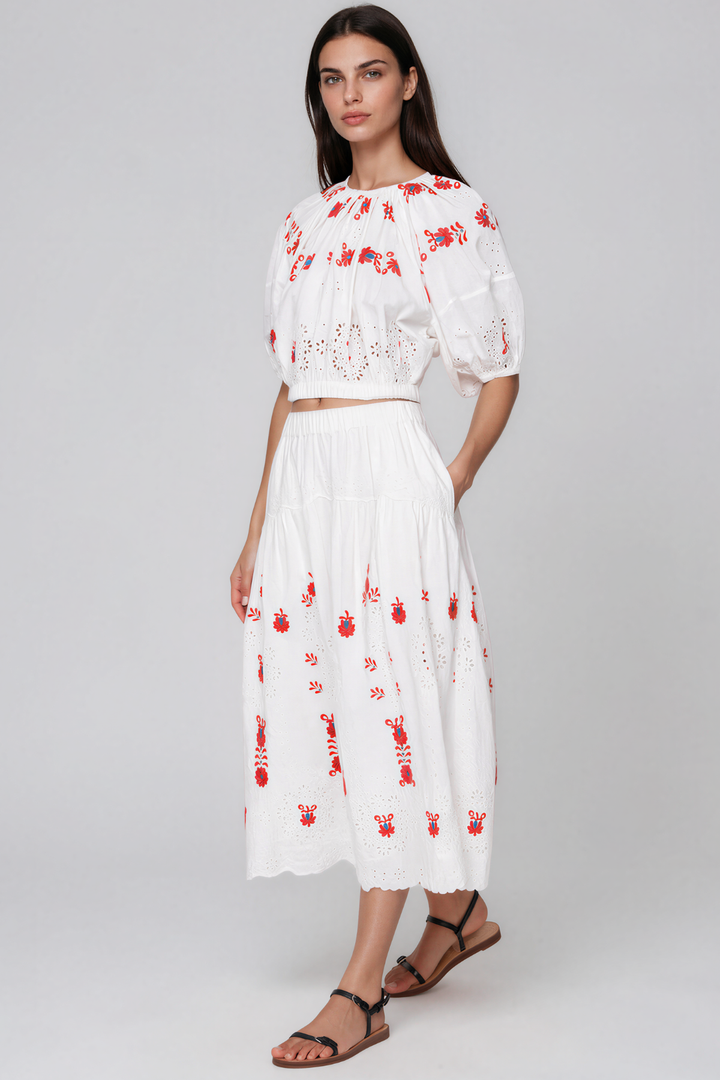 Kaida Puff Sleeve Embroided Floral Skirt Set