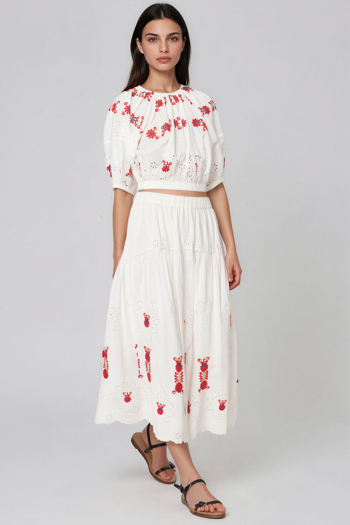 Kaida Puff Sleeve Embroided Floral Skirt Set