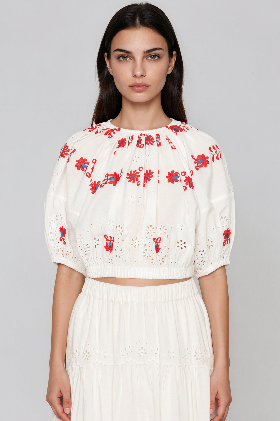 Kaida Puff Sleeve Embroided Floral Skirt Set