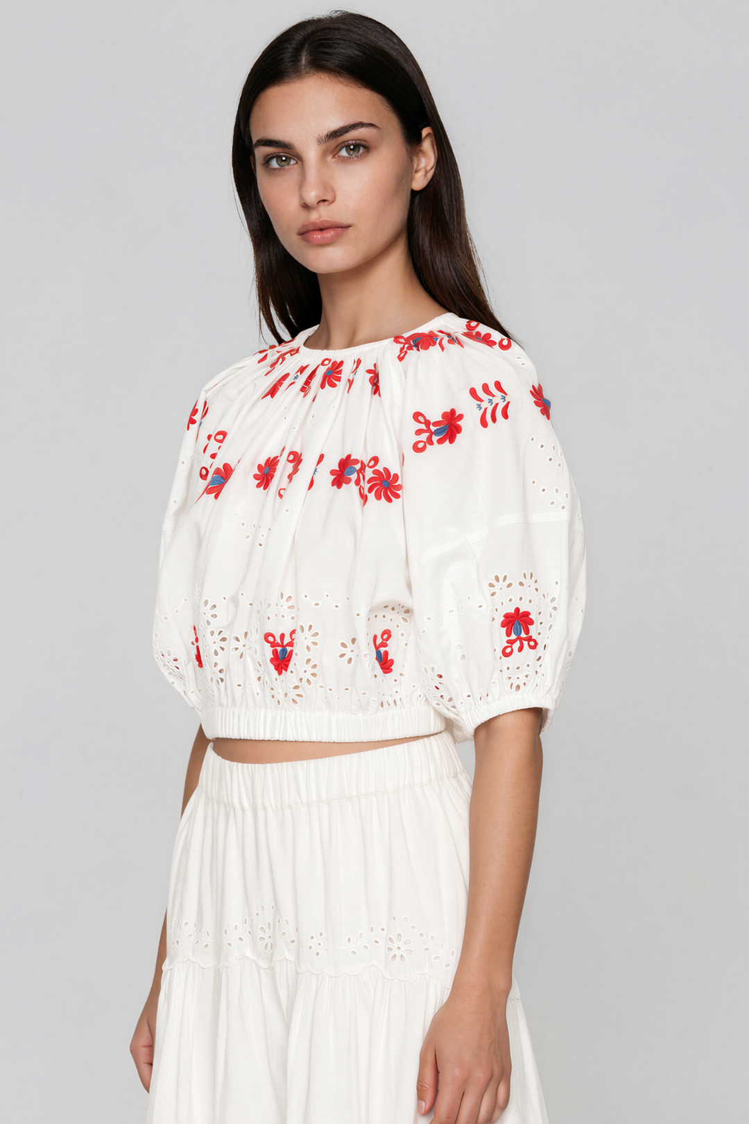 Kaida Puff Sleeve Embroided Floral Skirt Set