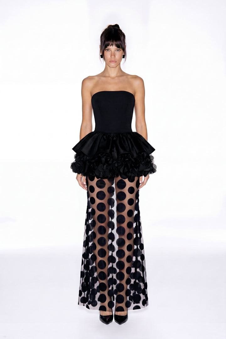 Ellwood Ruffle Dot Mesh Maxi Dress