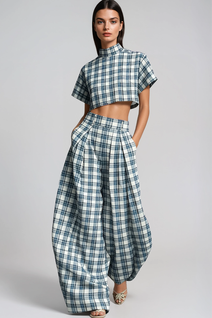 Hapi Plaid Crop Baggy Pants Set
