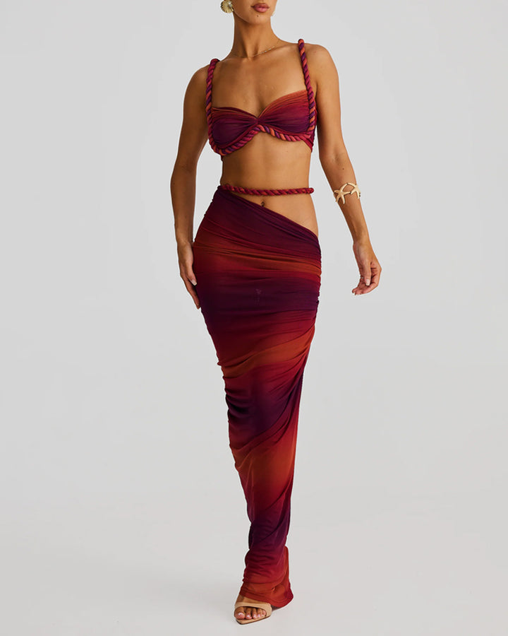 Ensemble deux pièces bordeaux sexy dégradé tresse haut et surjupe