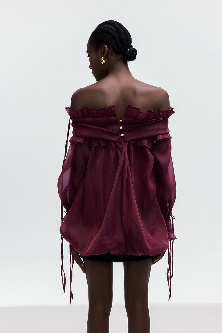 Aneirin Off Shoulder Mesh Ruffle Top In Red