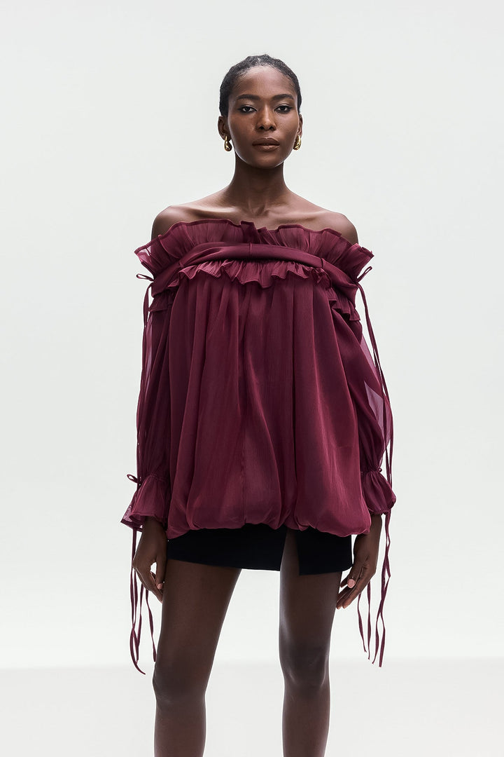 Aneirin Off Shoulder Mesh Ruffle Top In Red