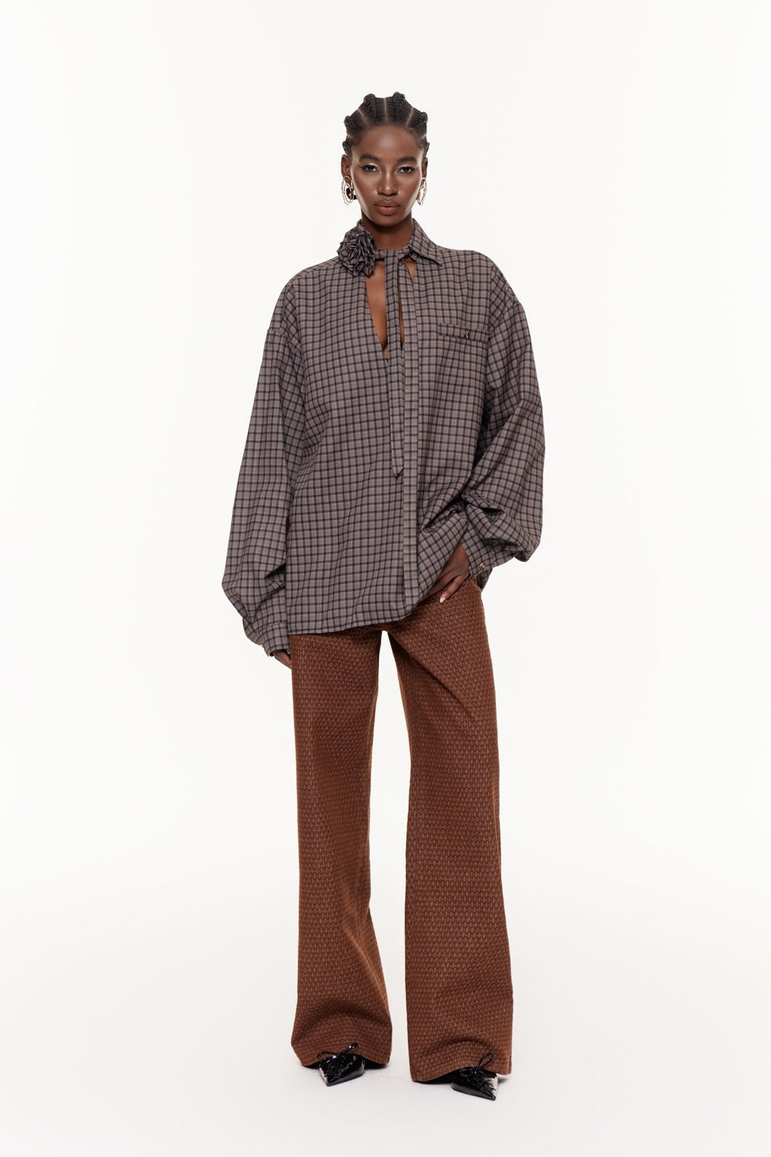 Eha Plunge Grid Flower Shirt