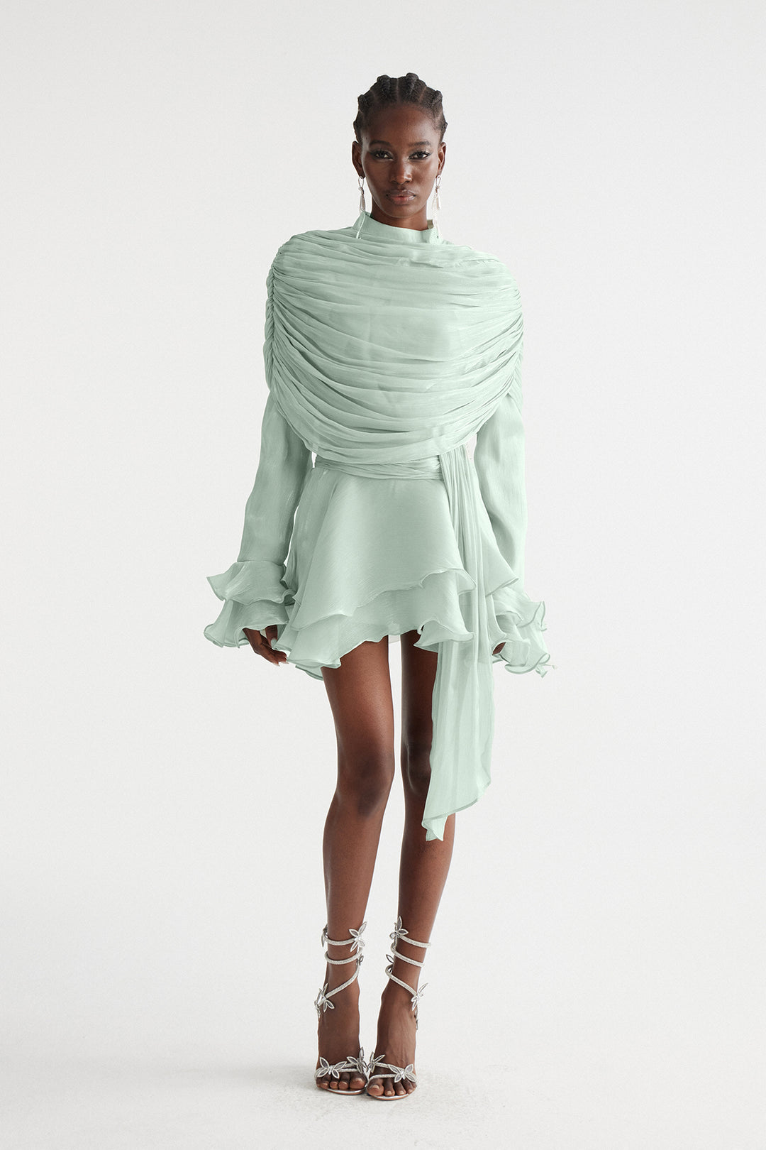Faustus Draped Shawl Mini Dress In Green