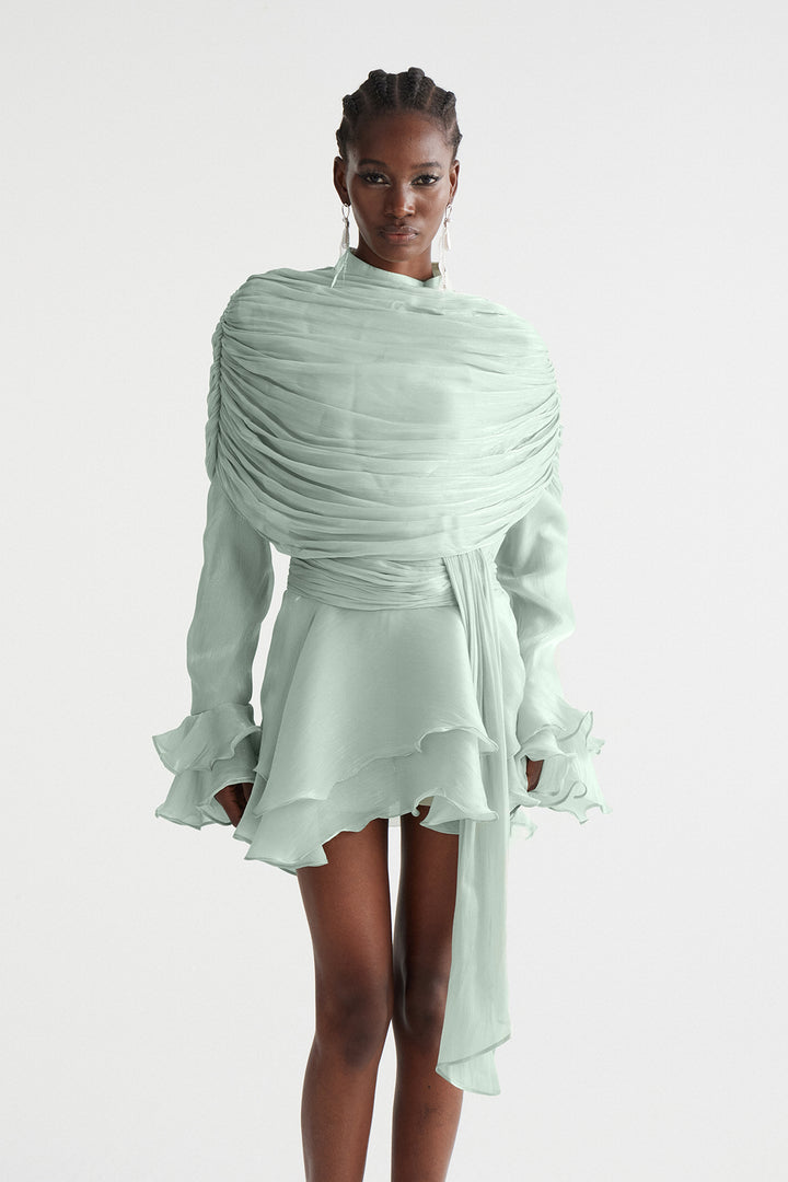 Faustus Draped Shawl Mini Dress In Green