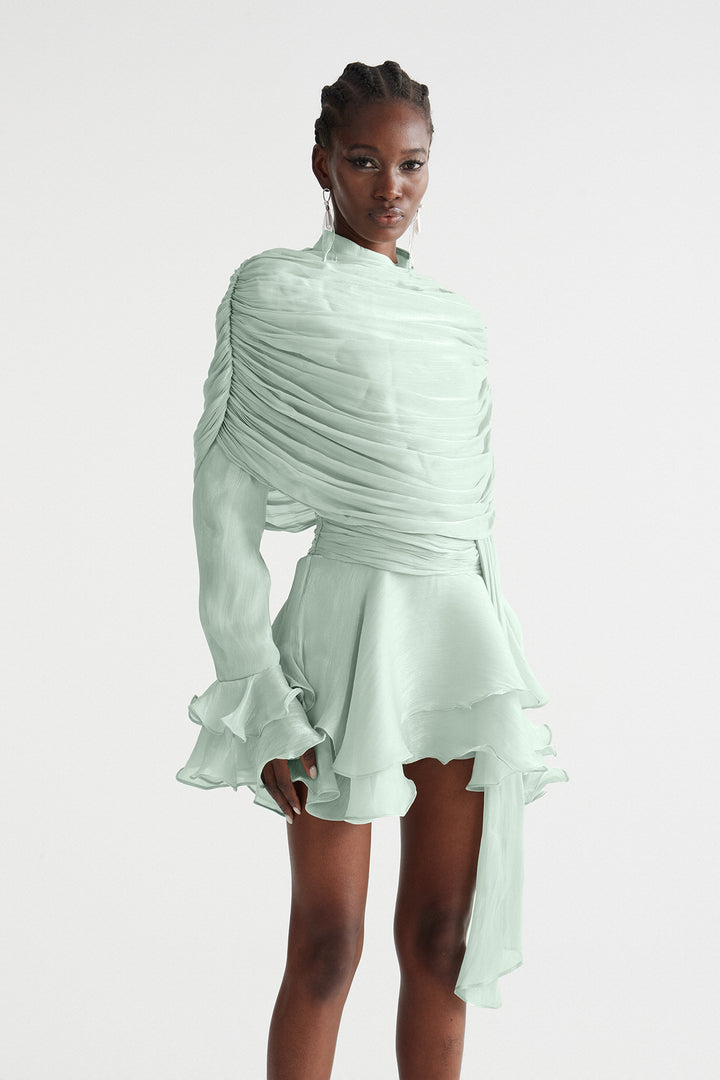 Faustus Draped Shawl Mini Dress In Green