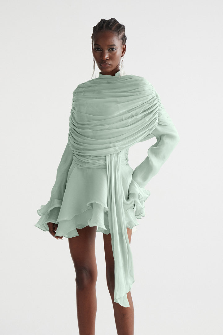 Faustus Draped Shawl Mini Dress In Green