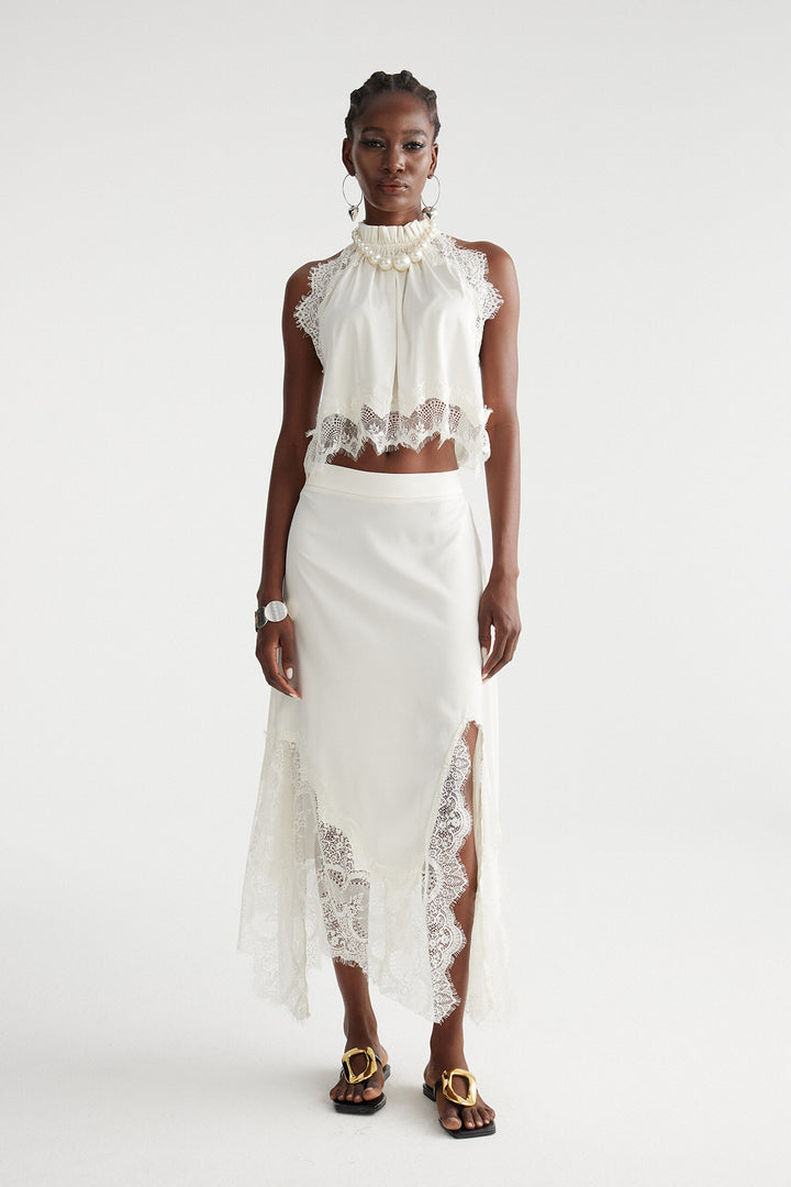Festim Sleeveless Lace Skirt Set In White