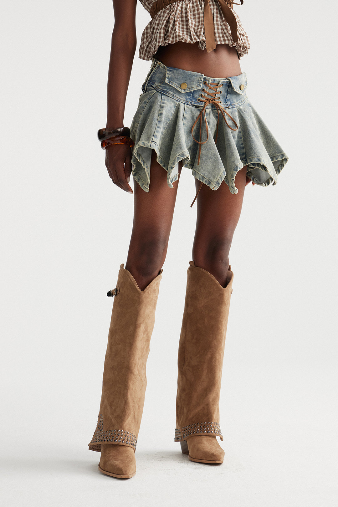 Indi Lace Up Ruffle Denim Mini Skirt