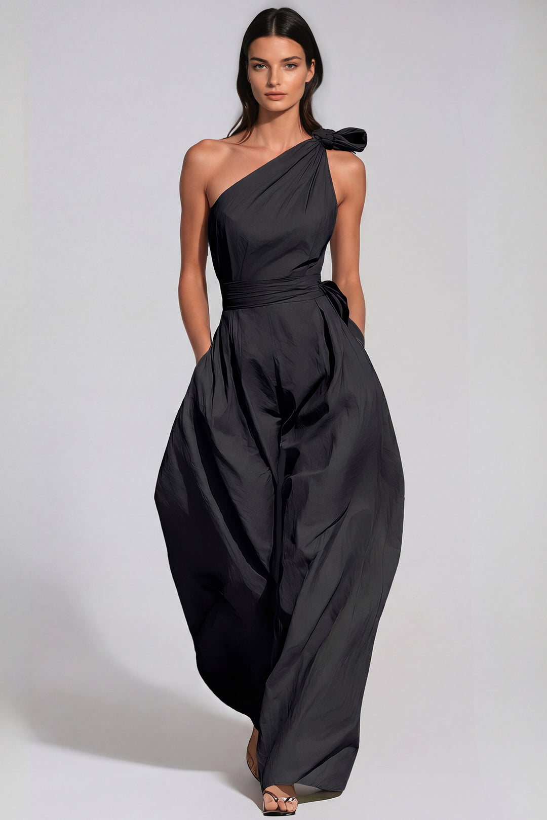 Jabez One Shoulder Twist Baggy Jumpsuit In Black