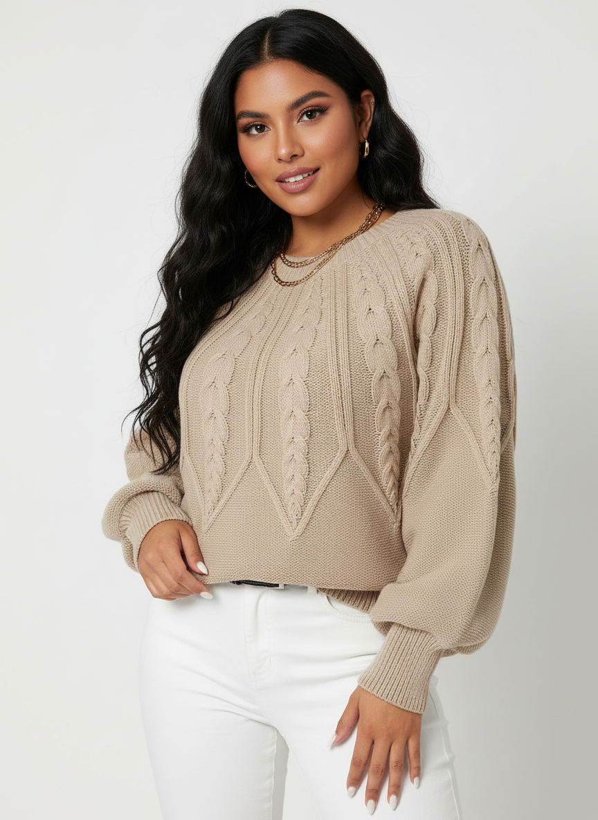 Kabelgebreide dames trui met volume mouwen – Merel