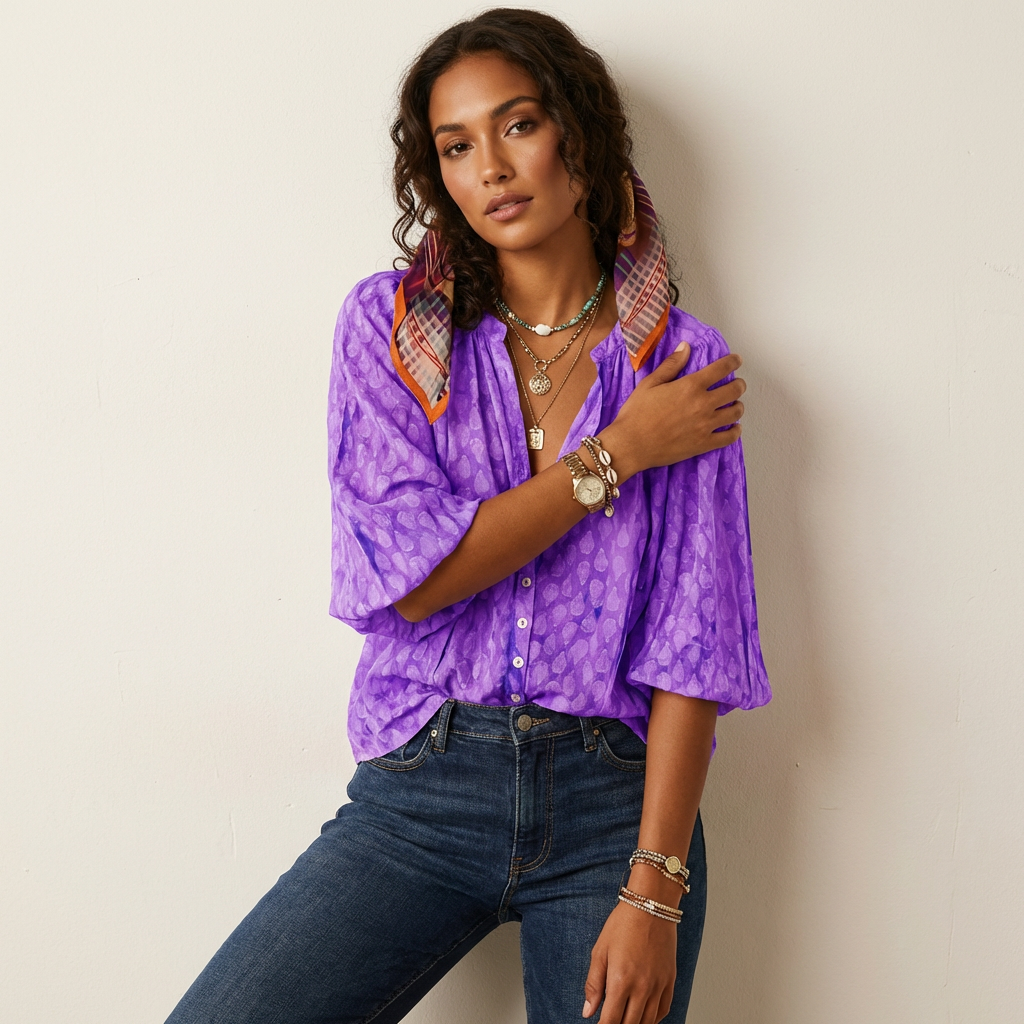 Luchtige boho blouse met print en knoopsluiting – Elif