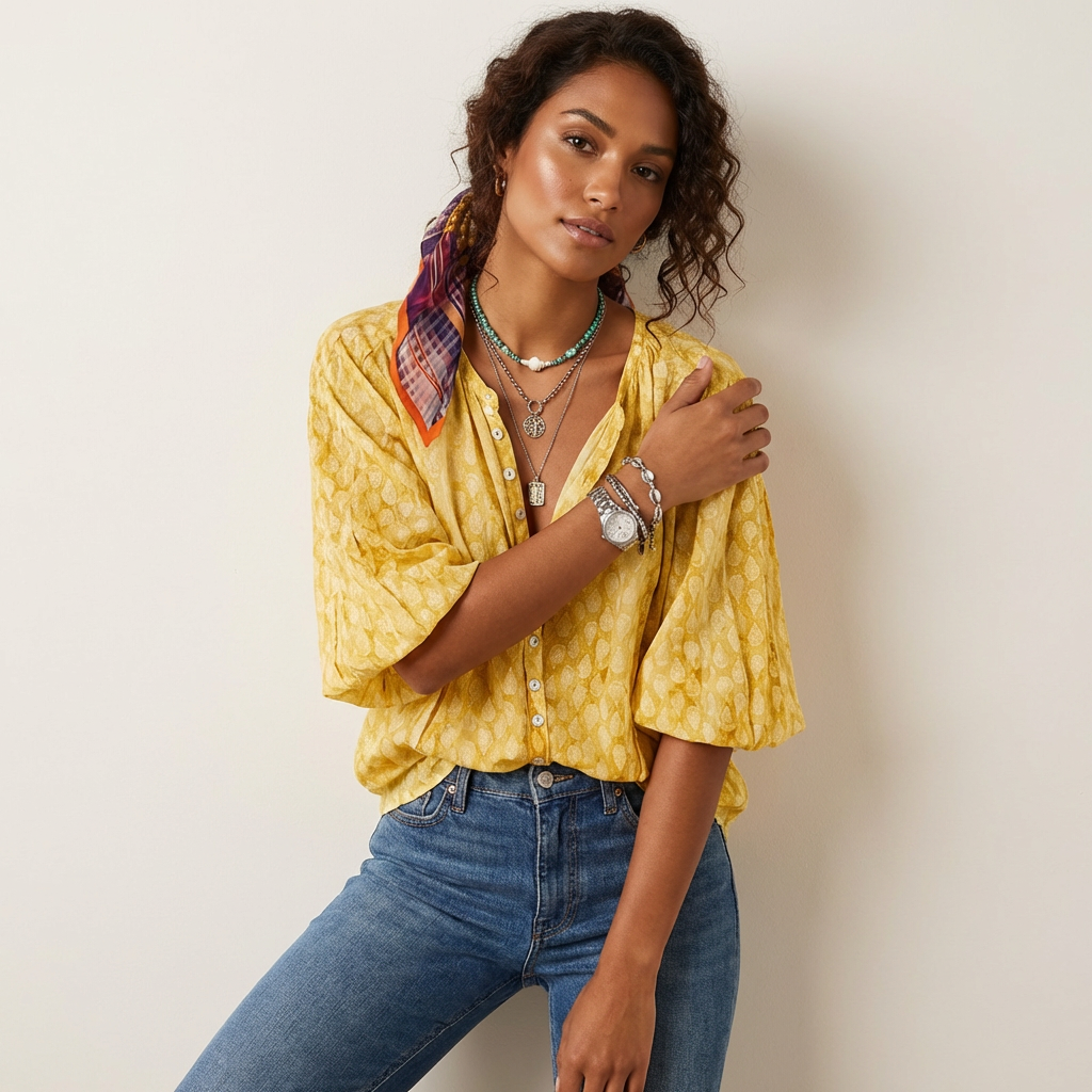 Luchtige boho blouse met print en knoopsluiting – Elif