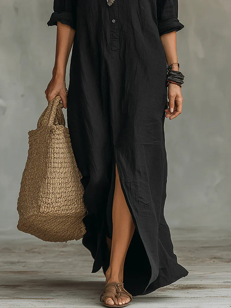 Céline | Robe Maxi Noire Ample à Boutons