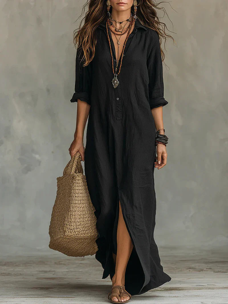 Céline | Robe Maxi Noire Ample à Boutons
