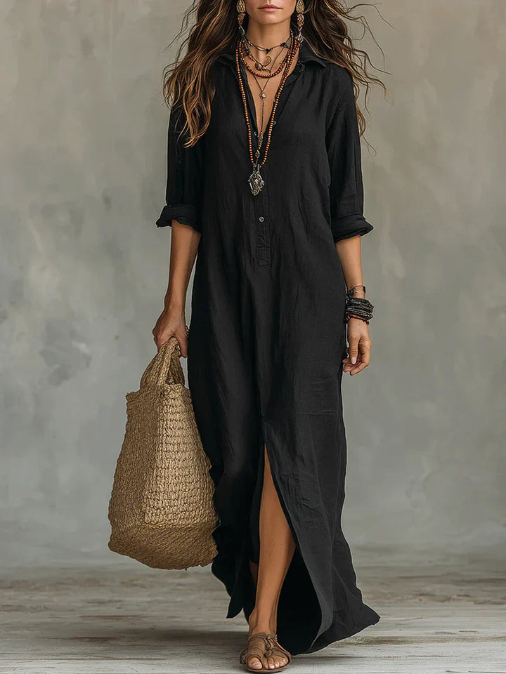 Céline | Robe Maxi Noire Ample à Boutons