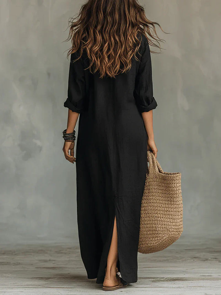 Céline | Robe Maxi Noire Ample à Boutons
