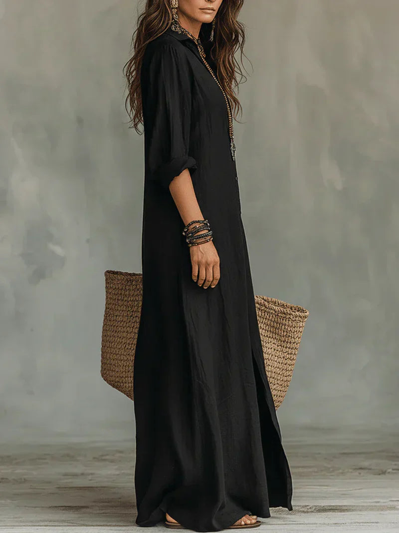 Céline | Robe Maxi Noire Ample à Boutons