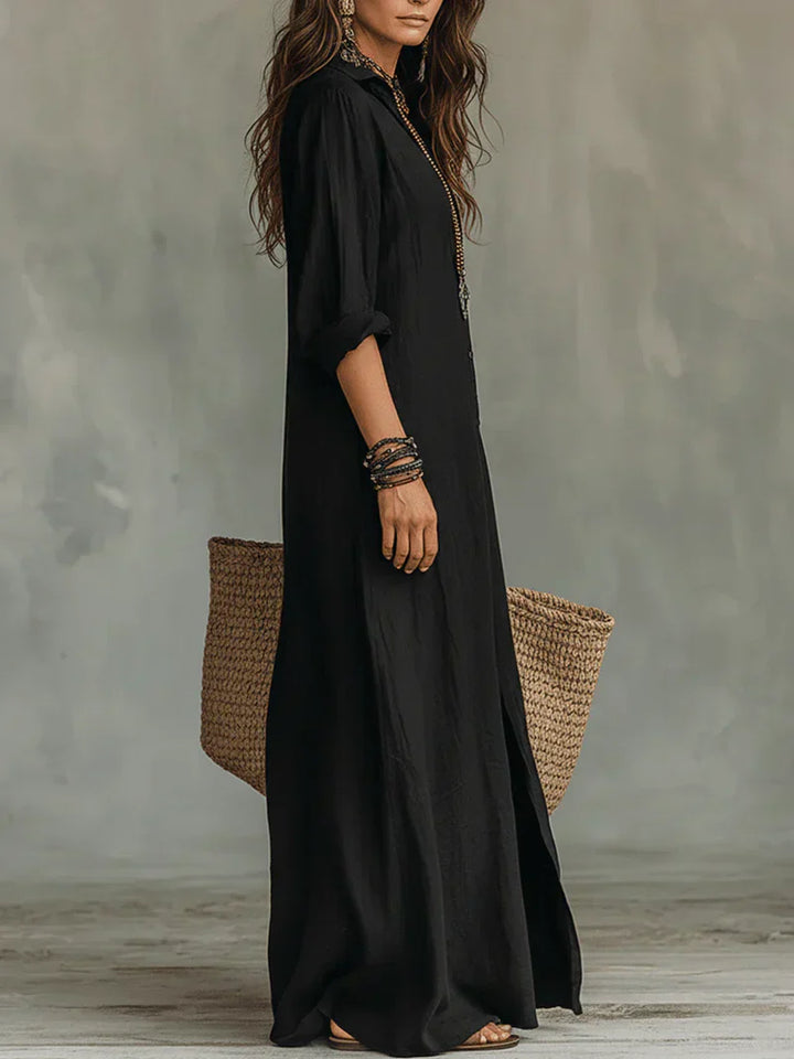 Céline | Robe Maxi Noire Ample à Boutons