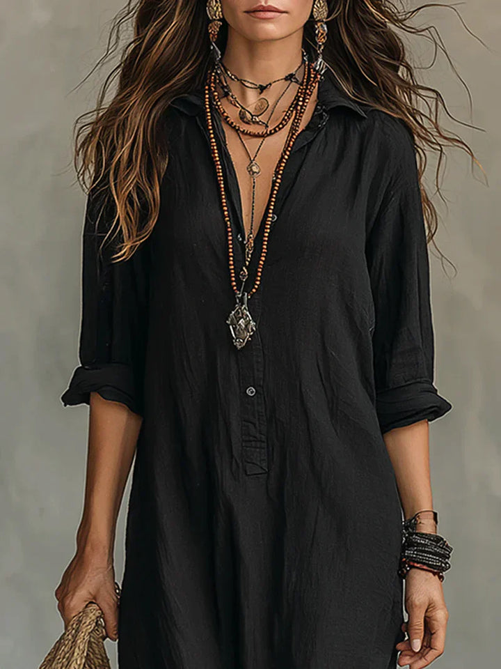 Céline | Robe Maxi Noire Ample à Boutons
