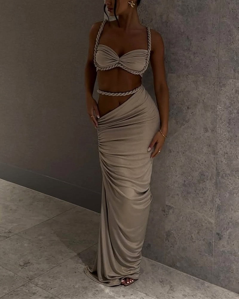 Ensemble deux pièces bordeaux sexy dégradé tresse haut et surjupe
